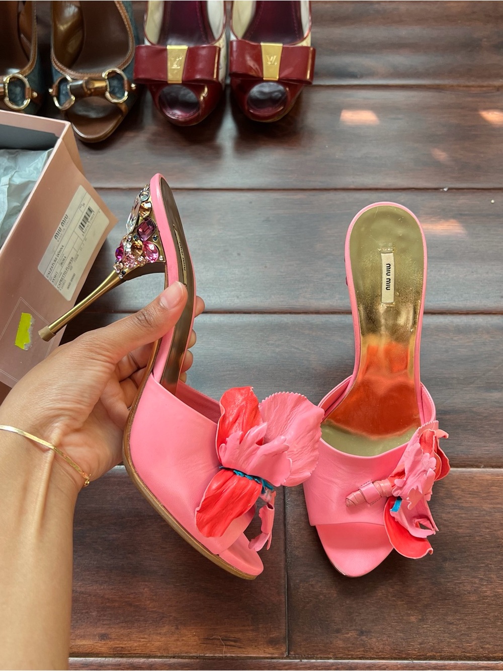Miu Miu Pink Floral Jewel-Embellished Sandal Heels - Picture 3 of 8